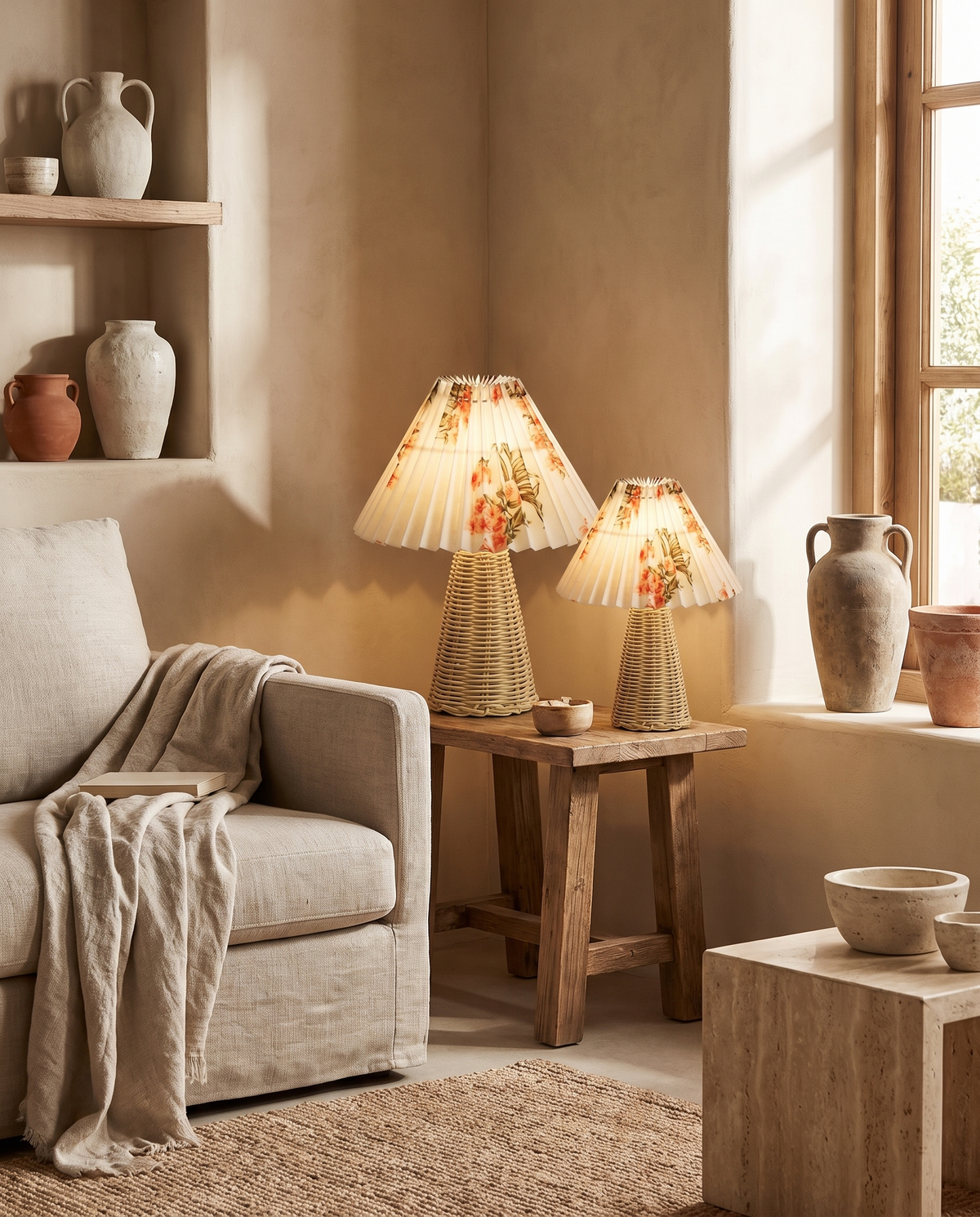 Lampe ronde plissée en rotin blanc à motifs floraux en situation dans un intérieur