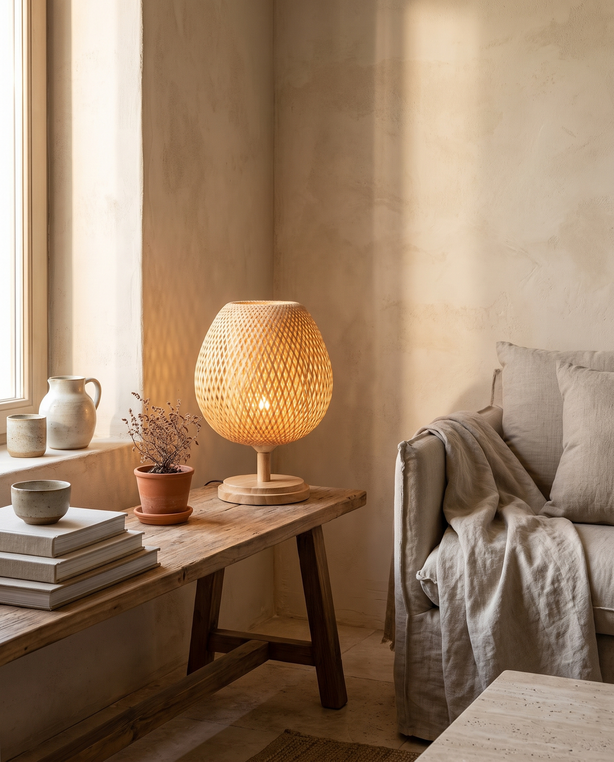 Lampe à poser en rotin tressé en situation dans un intérieur