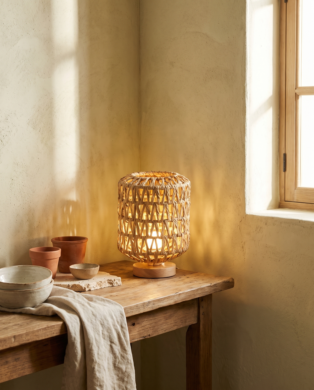 Lampe pagode en rotin en situation dans un intérieur