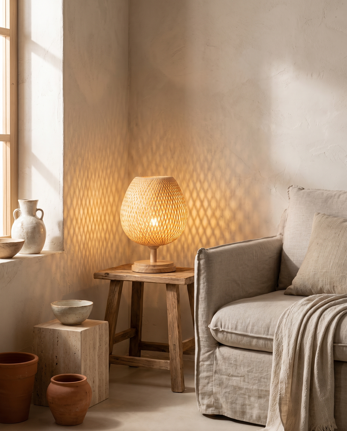 Lampe ovoïde en bambou ajouré en situation dans un intérieur