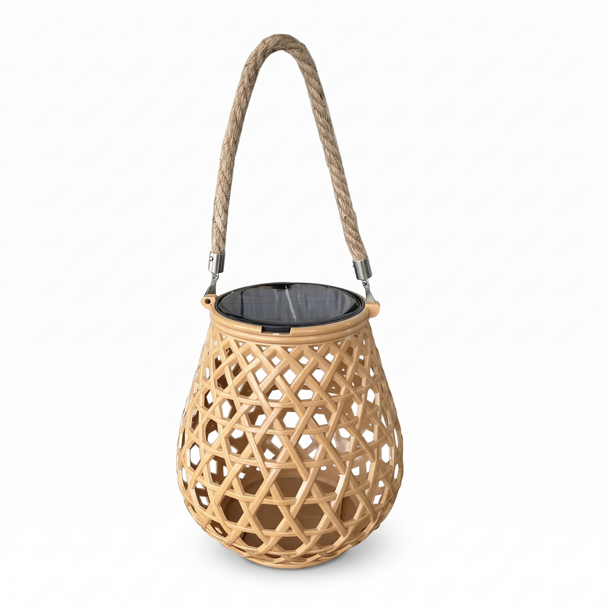 Lanterne solaire imitation rotin sur fond blanc