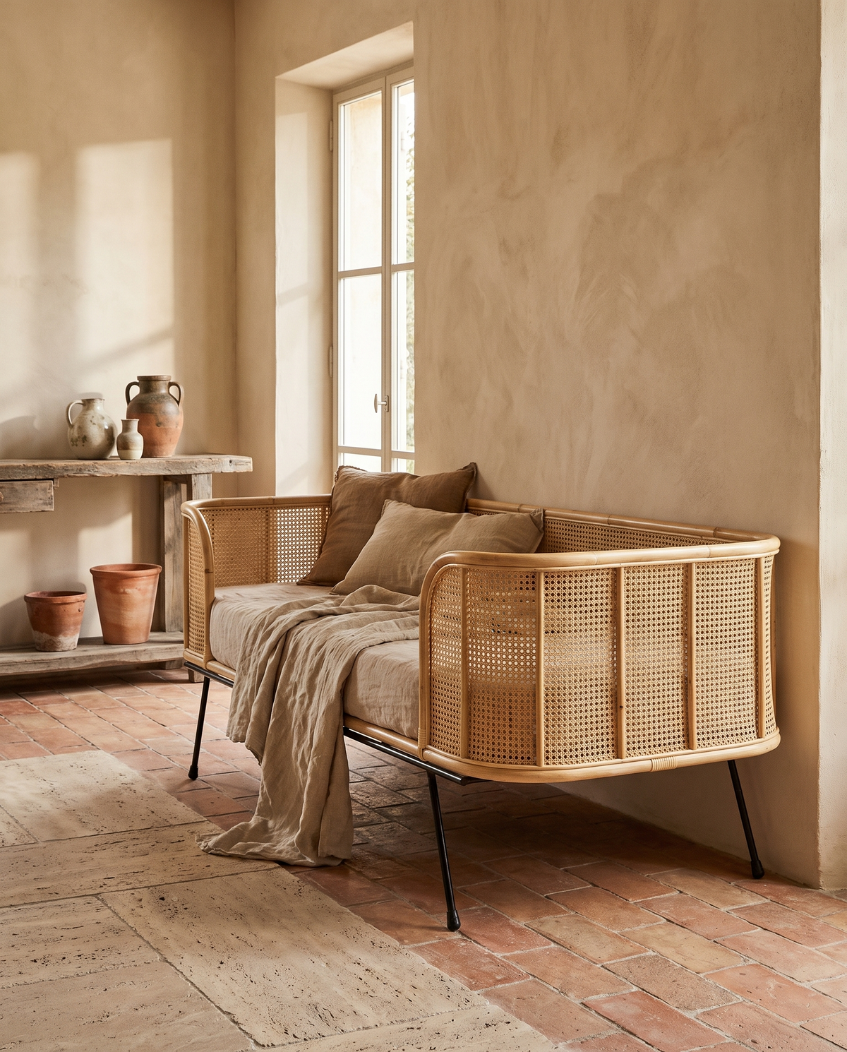 Banquette-lit en rotin et métal en situation dans un intérieur