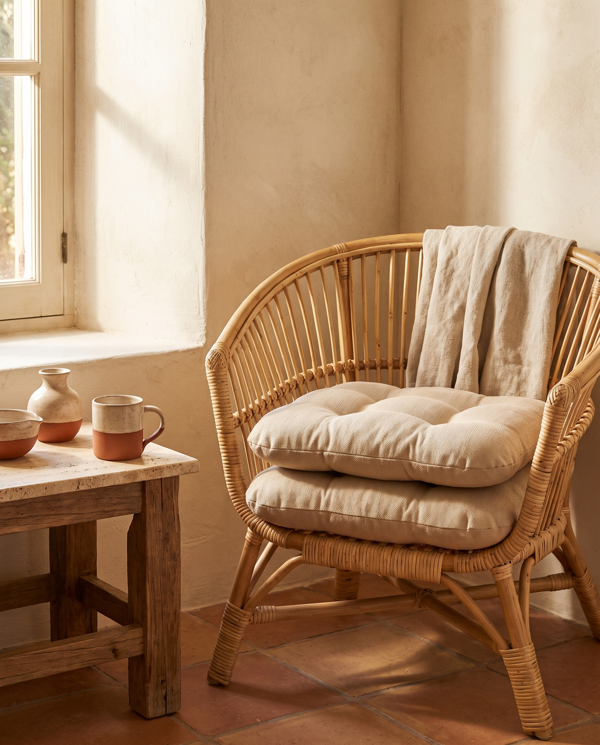 Lot de 2 coussins de chaise beiges en situation dans un intérieur