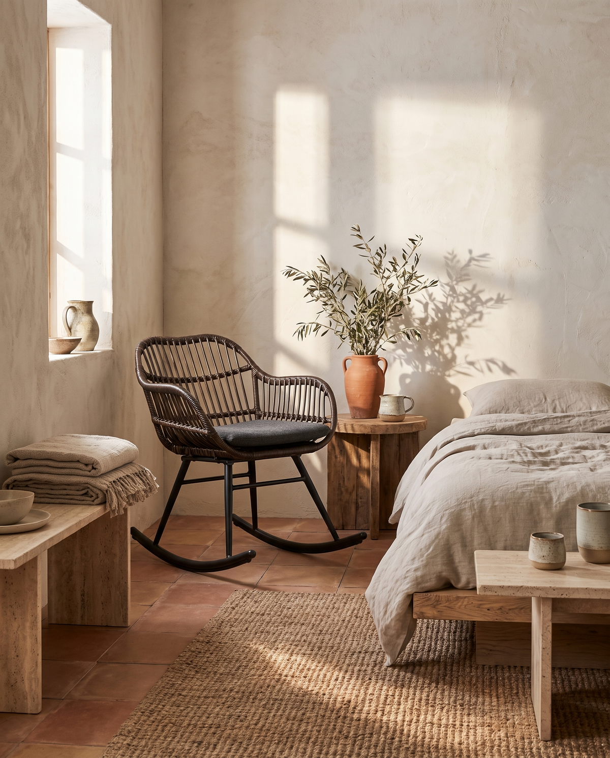 Rocking-chair en rotin foncé en situation dans un intérieur