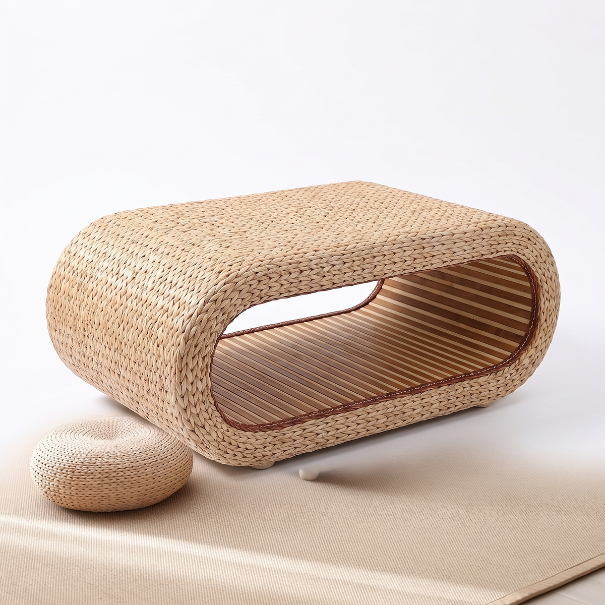 Table basse en rotin sur fond blanc