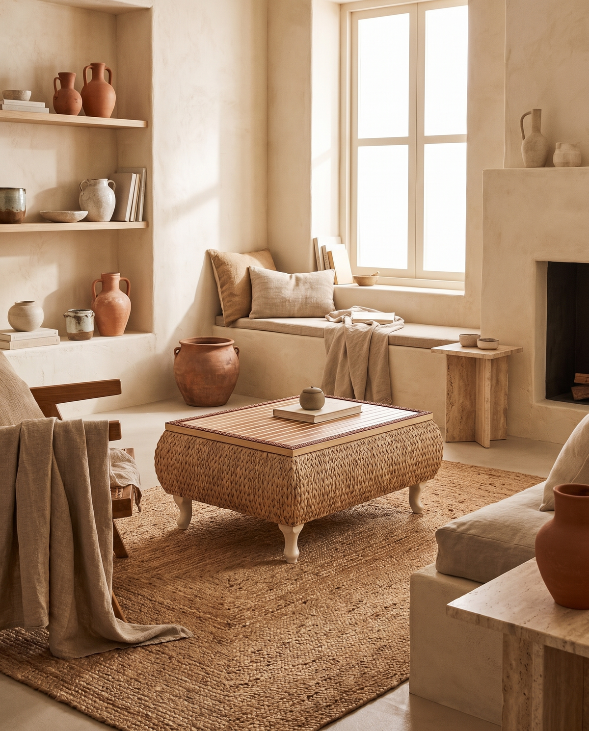 Table basse coffre en rotin en situation dans un intérieur