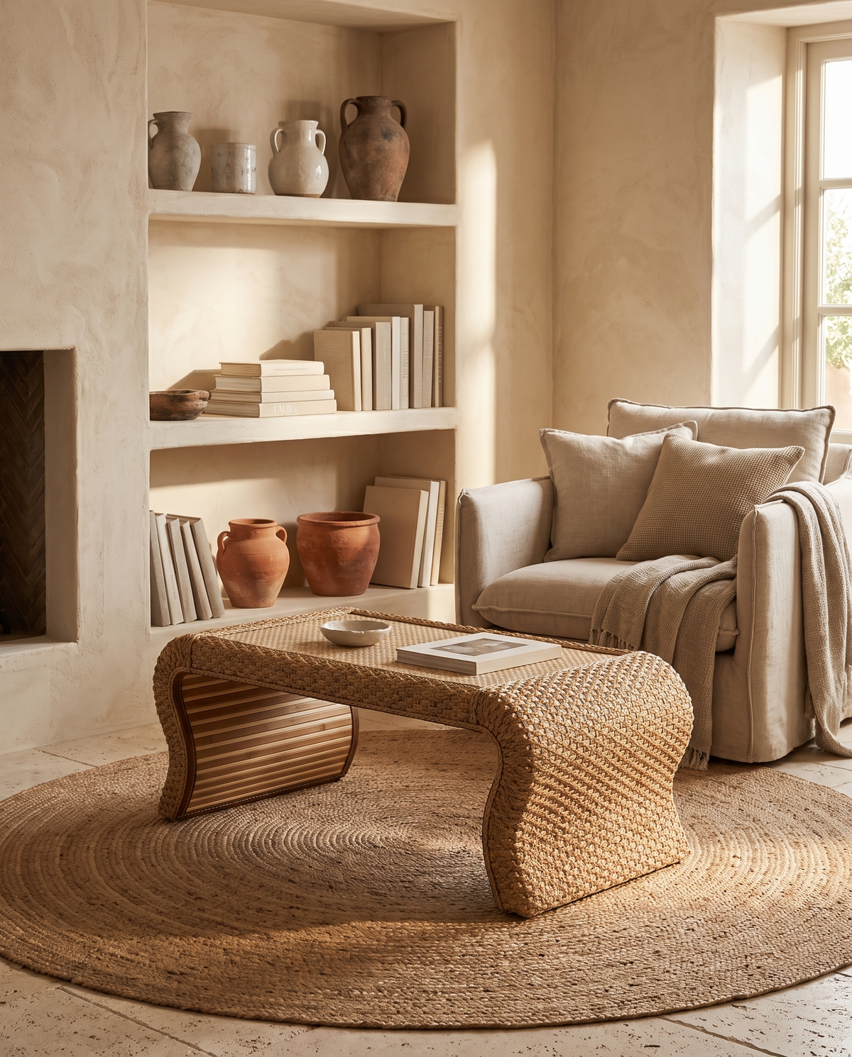 Table basse en rotin à côtés courbes en situation dans un intérieur