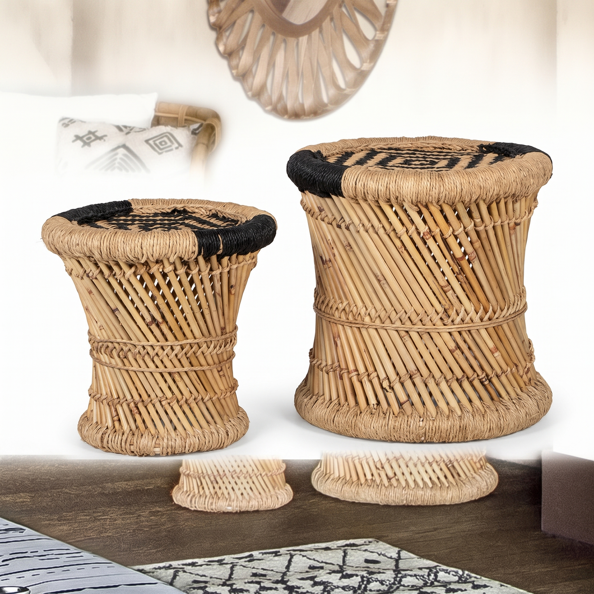 Tables gigognes en bambou et chanvre sur fond blanc