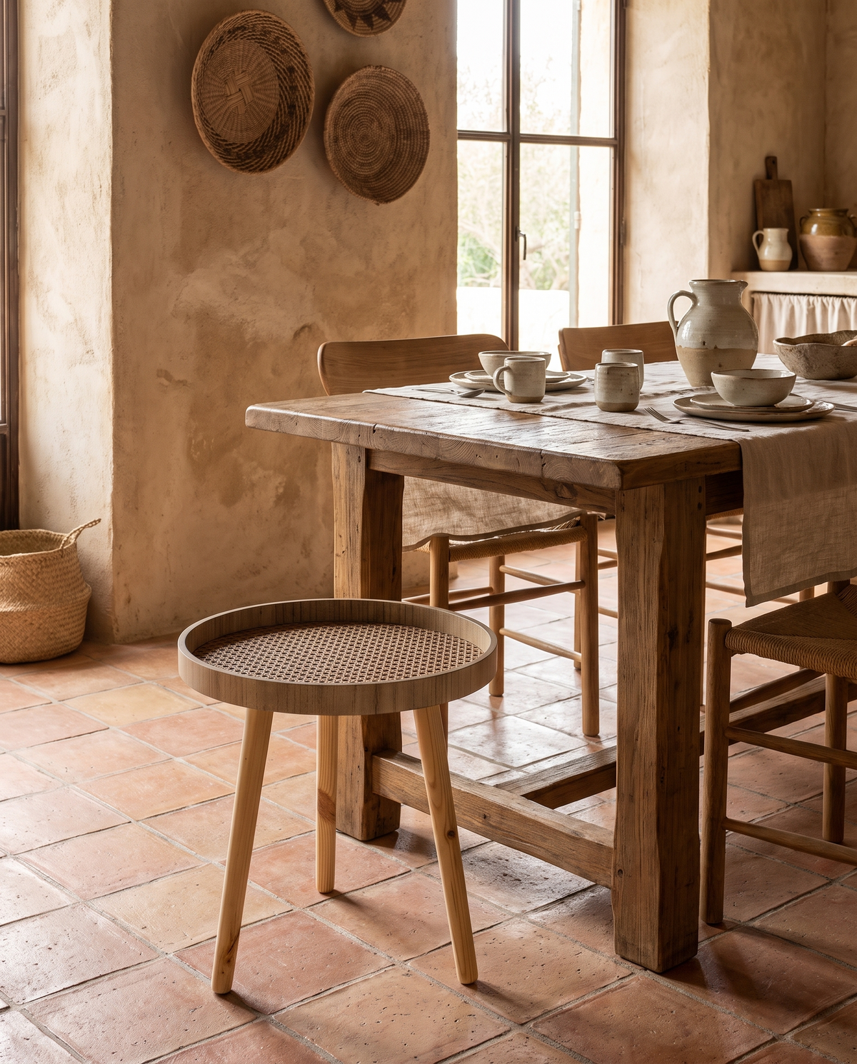 Table d'appoint ronde en bois et rotin en situation dans un intérieur