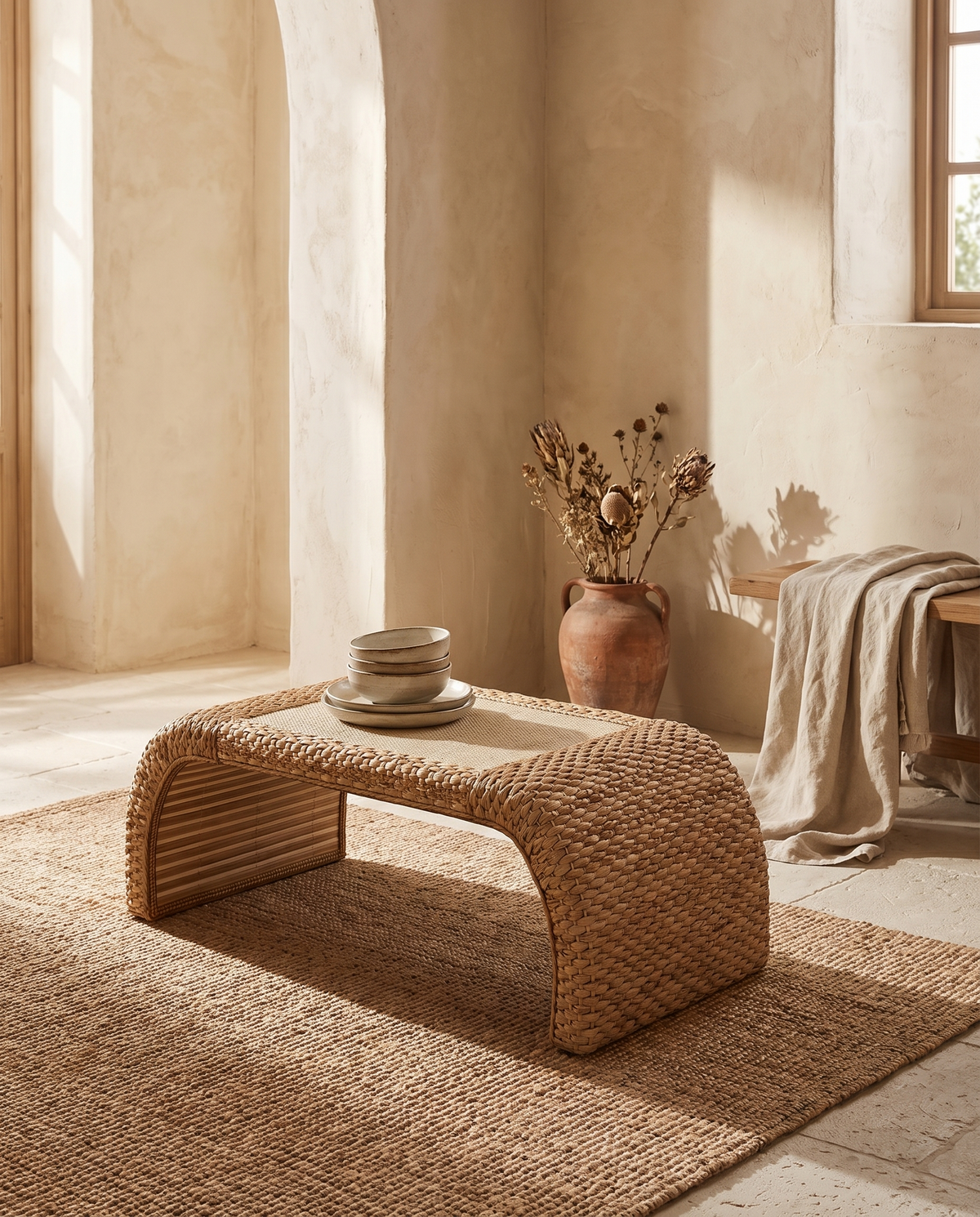 Table basse à arches en rotin en situation dans un intérieur