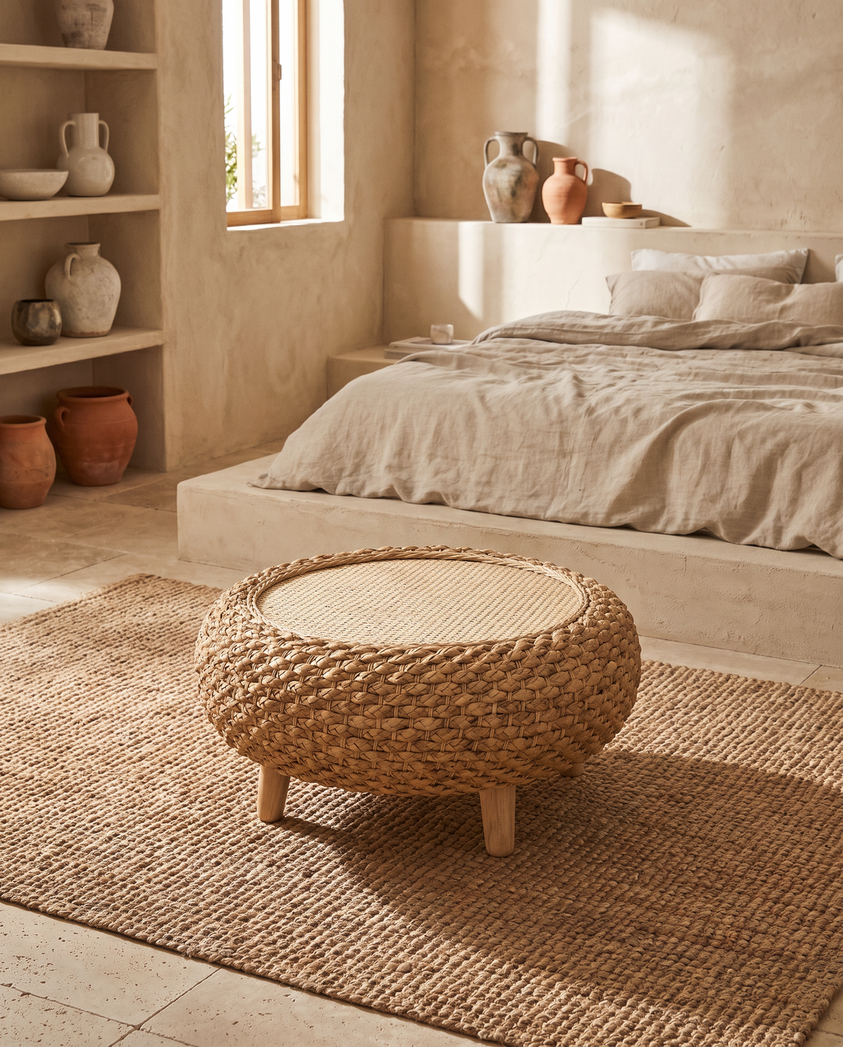 Table basse galet en rotin sur pieds en situation dans un intérieur