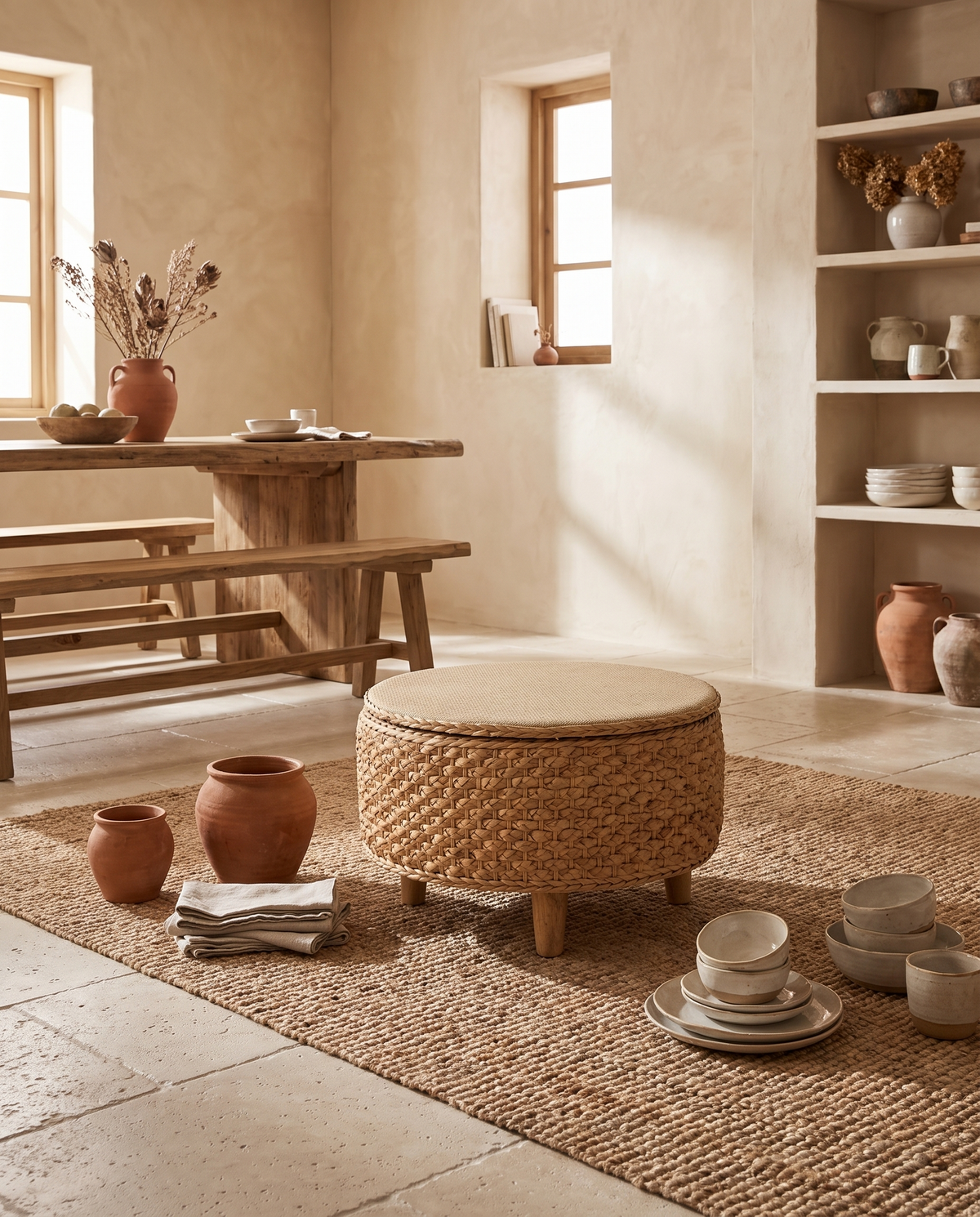 Table basse ronde en rotin avec rangement intégré en situation dans un intérieur