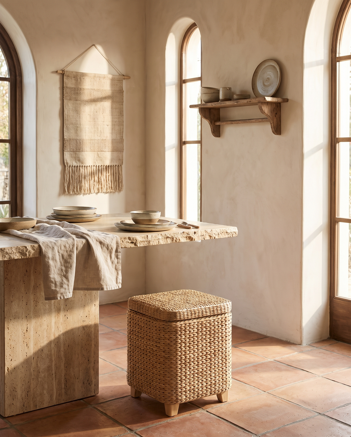 Tabouret en osier avec rangement en situation dans un intérieur