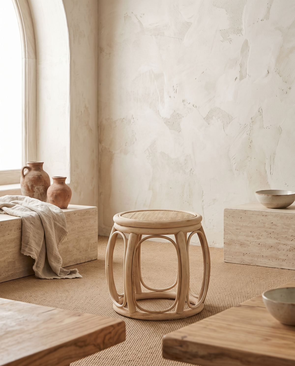 Tabouret rond en osier en situation dans un intérieur
