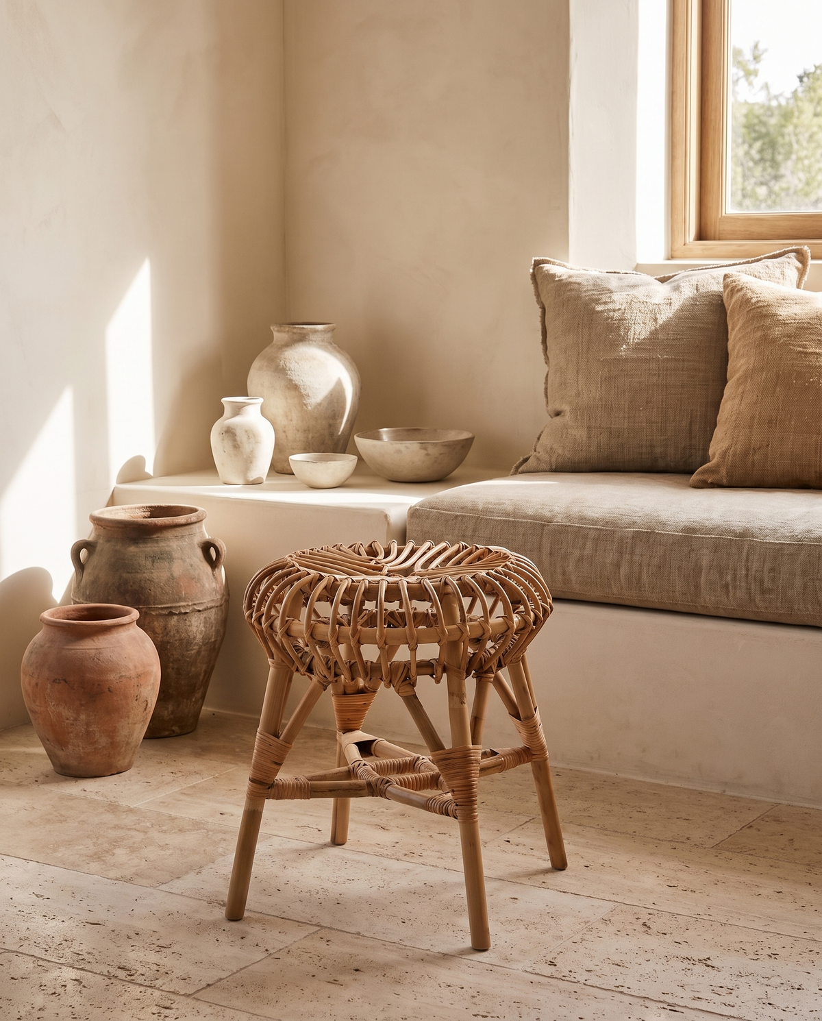Tabouret design en rotin en situation dans un intérieur
