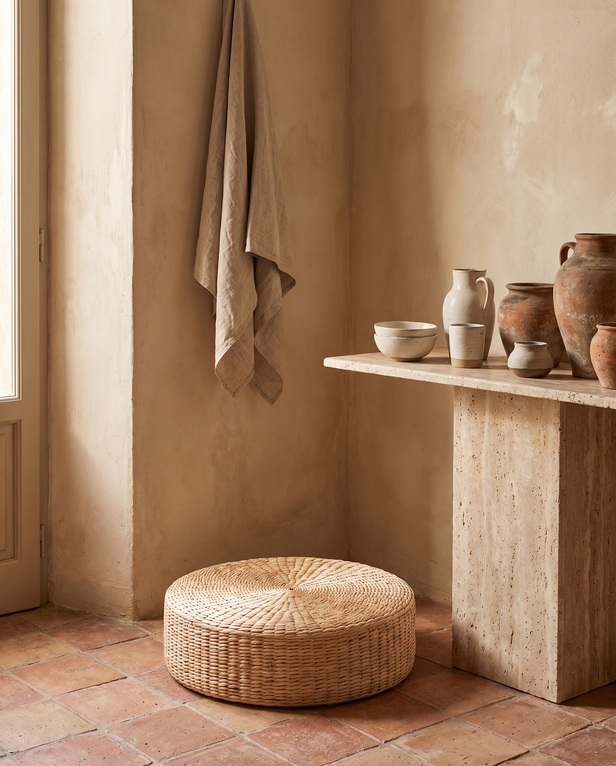 Galette de sol ronde en rotin en situation dans un intérieur