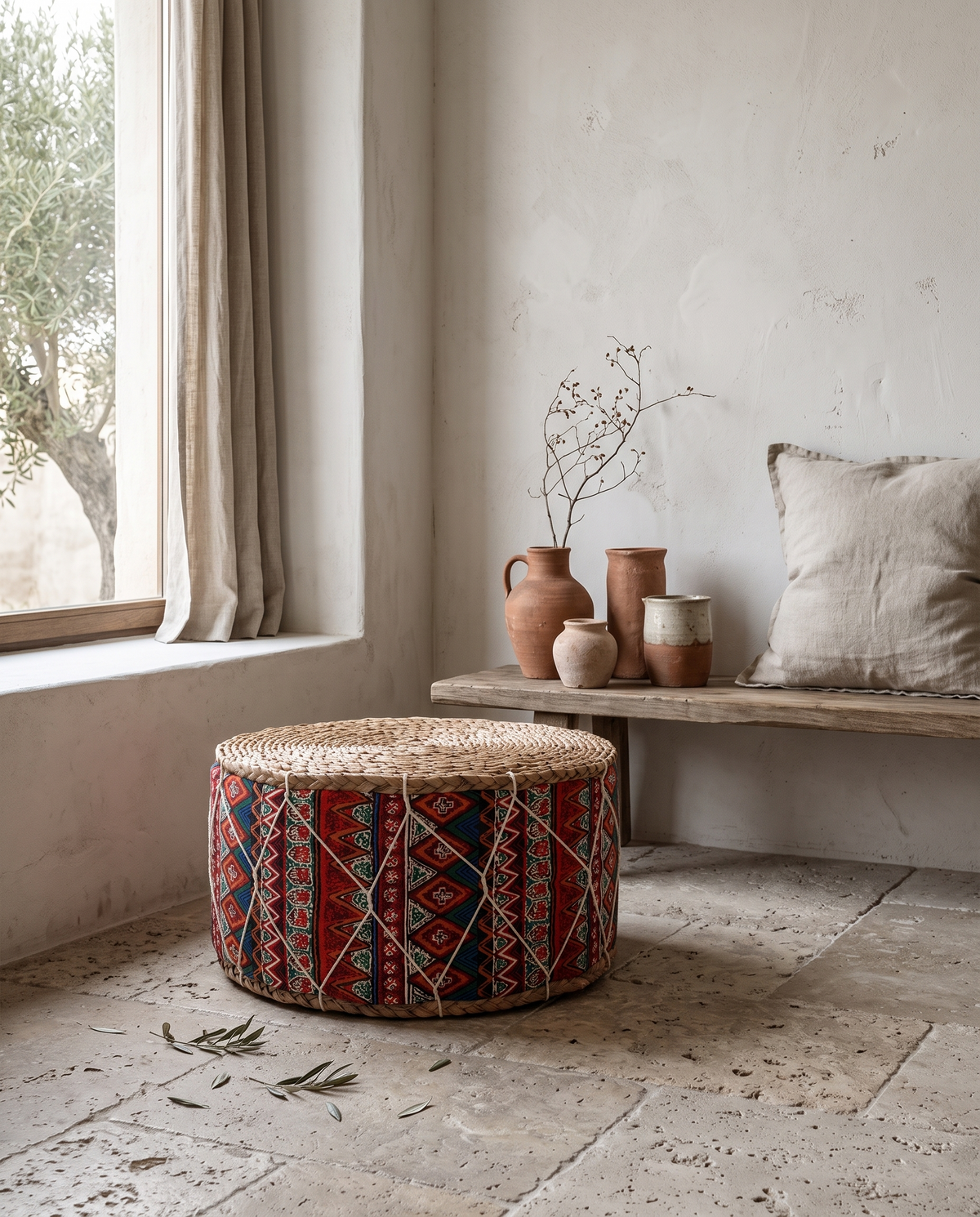 Pouf en rotin et tissu à motifs rouges en situation dans un intérieur