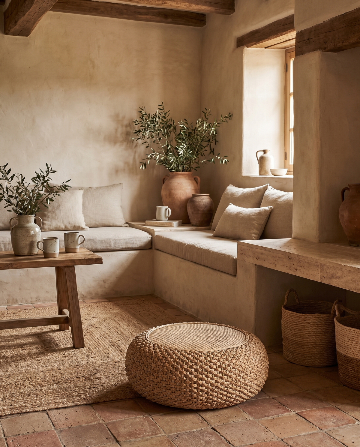 Pouf en rotin en situation dans un intérieur