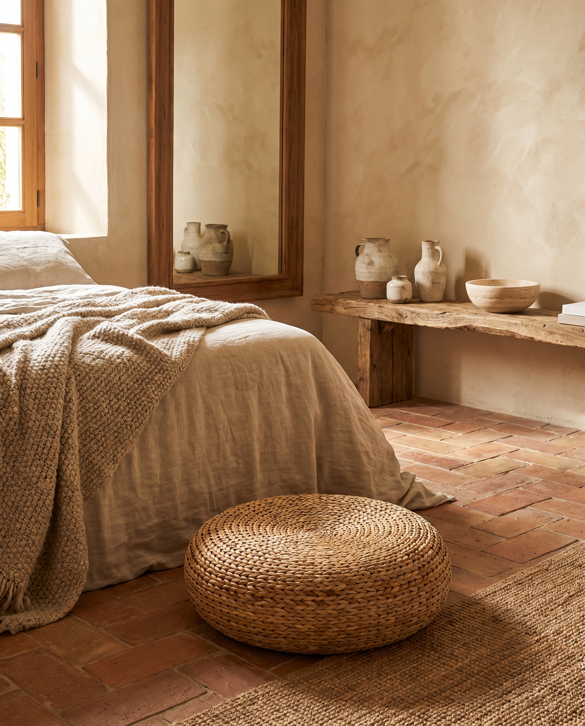 Pouf en paille tressée en situation dans un intérieur