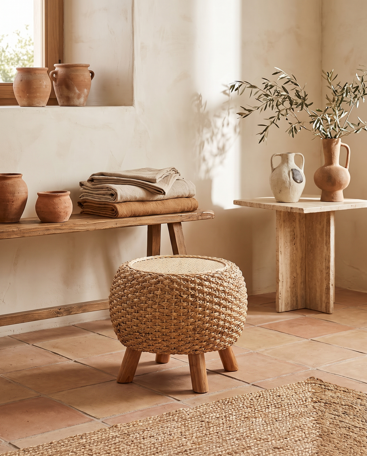 Pouf sur pieds en rotin naturel en situation dans un intérieur