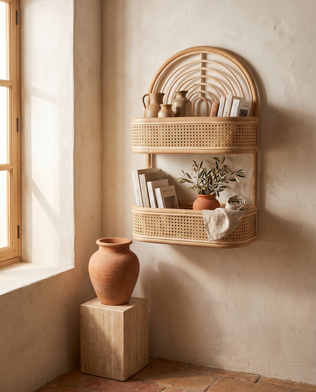 Étagère murale en rotin en situation dans un intérieur