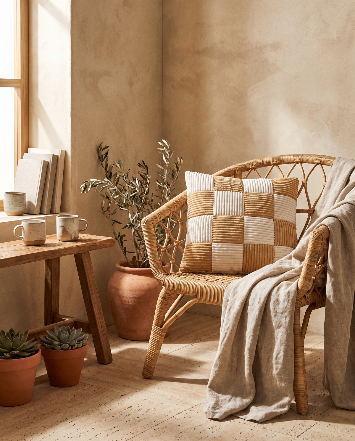 Coussin de chaise carré à carreaux en situation dans un intérieur