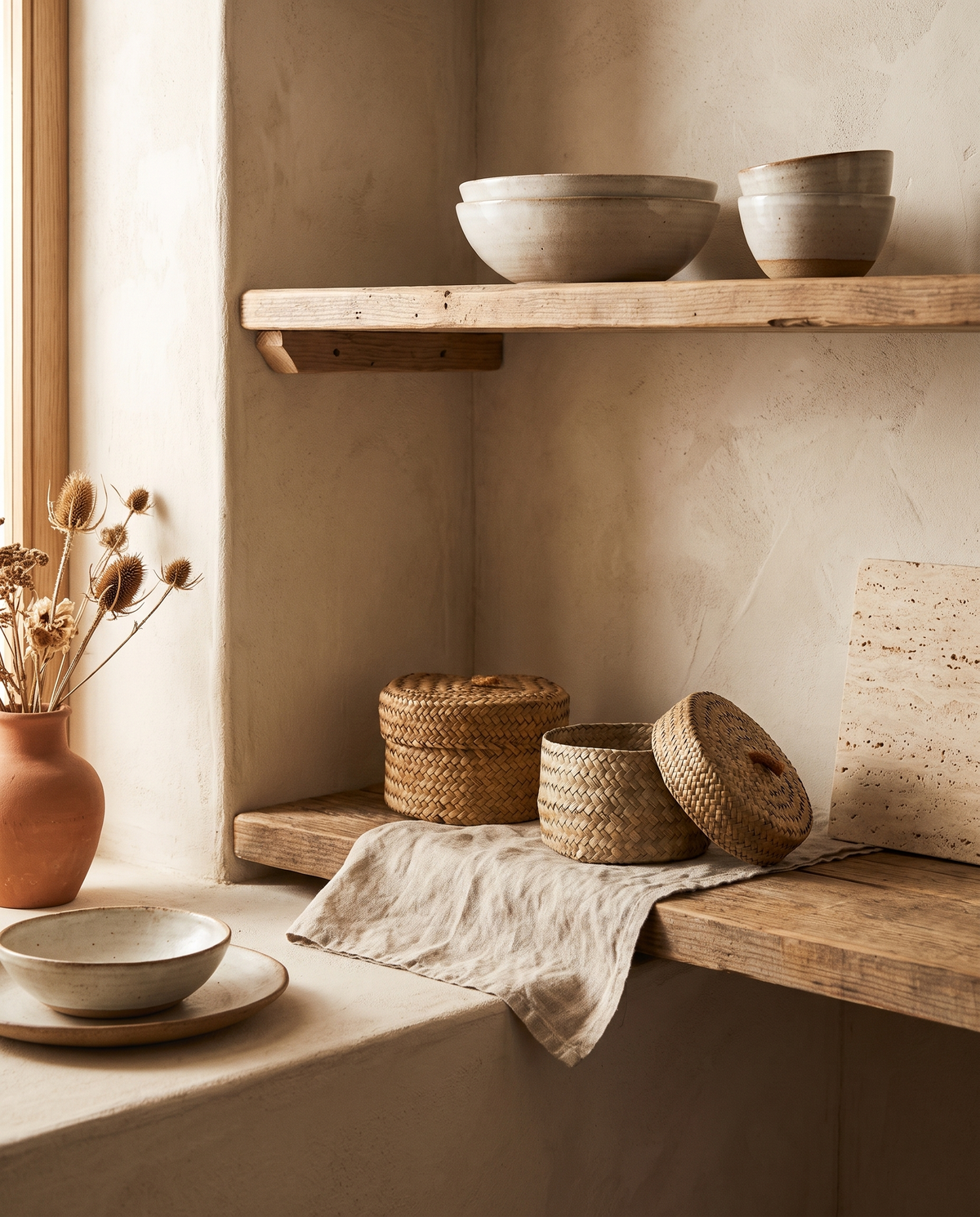 Petite boîte ronde en rotin avec couvercle en situation dans un intérieur