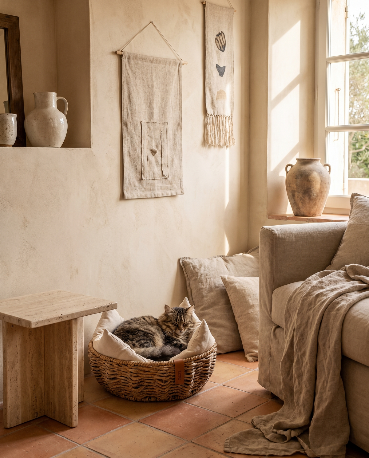 Panier pour chien en osier en situation dans un intérieur