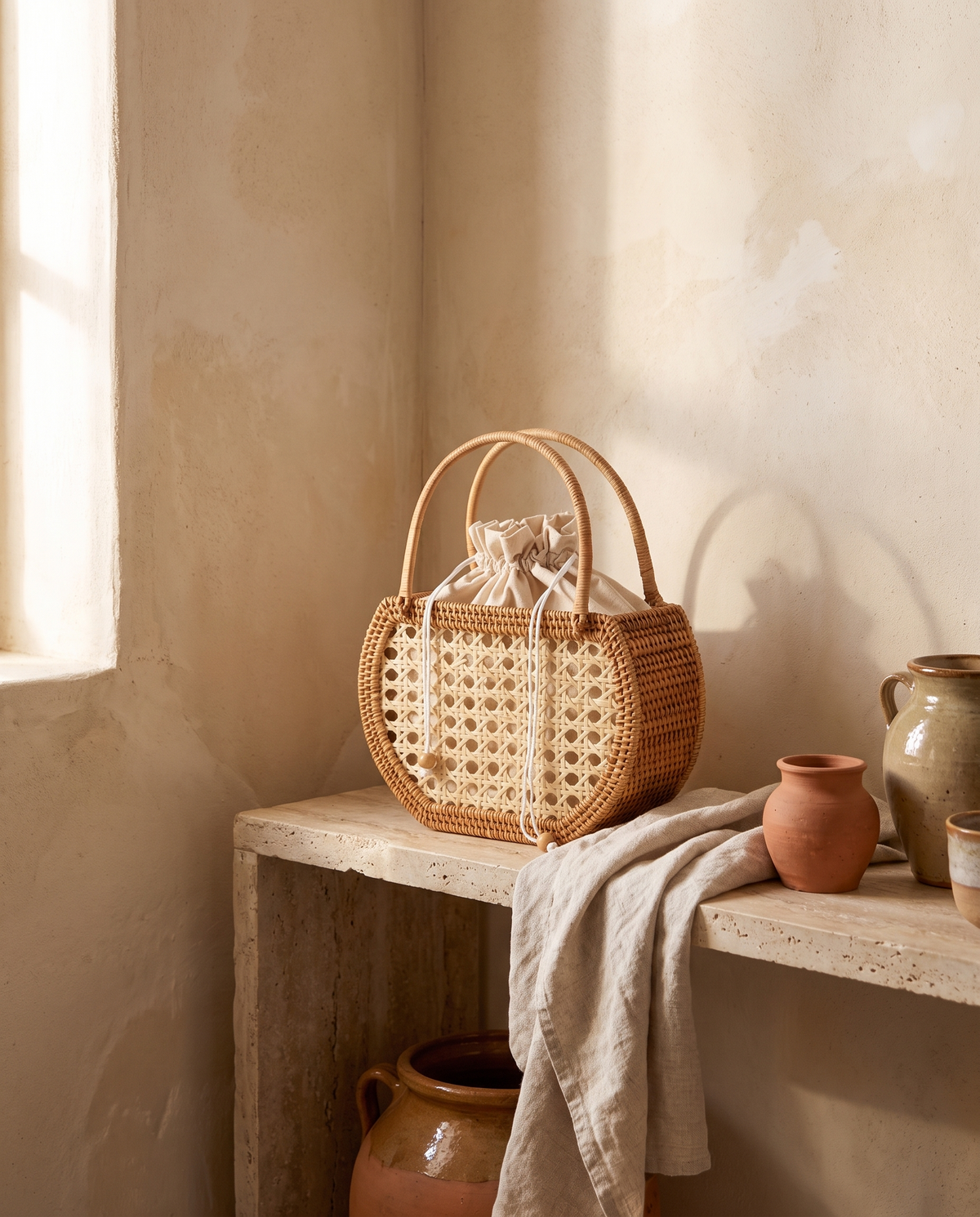 Panier de pique-nique en rotin en situation dans un intérieur