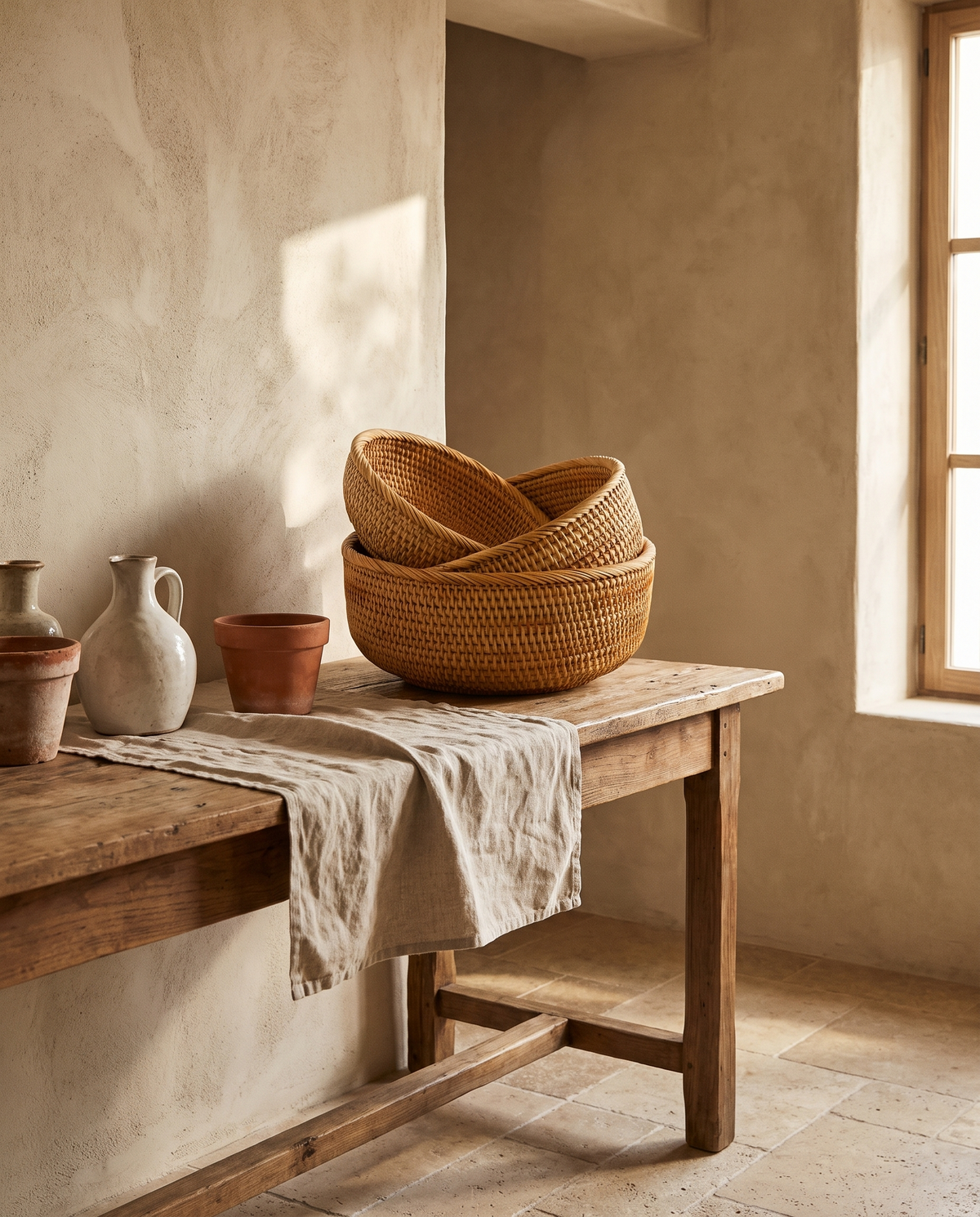 Panier rond et bas en rotin et fibres végétales en situation dans un intérieur