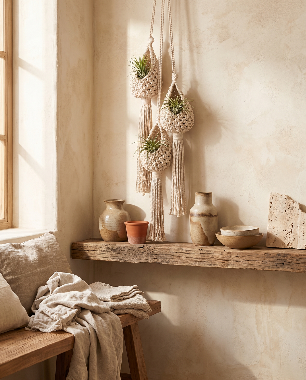 Panier suspendu en corde de coton pour plantes en situation dans un intérieur