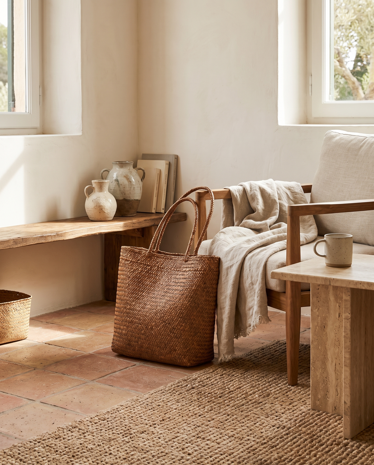 Panier à bandoulière en rotin en situation dans un intérieur