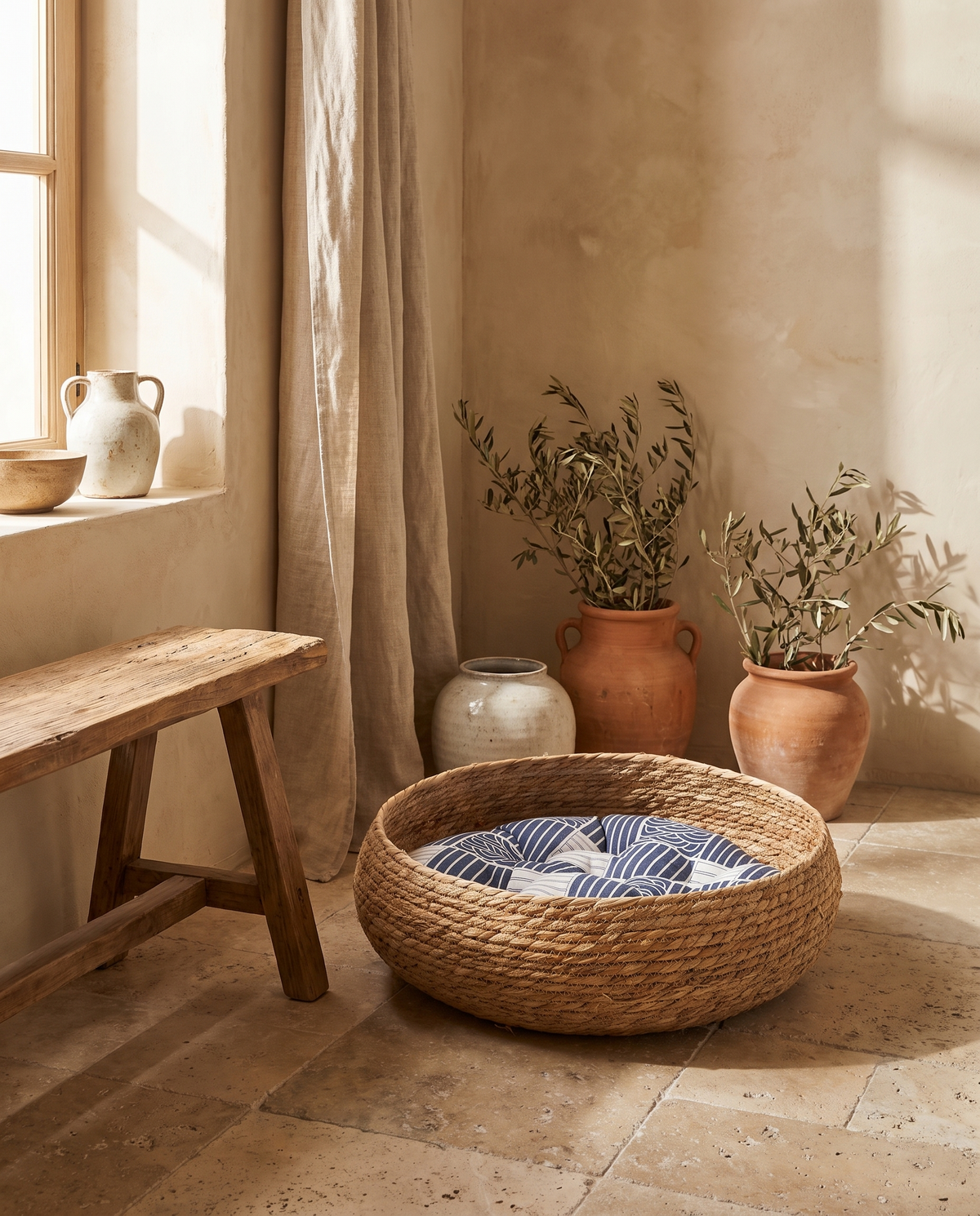 Panier long en fibre végétale en situation dans un intérieur