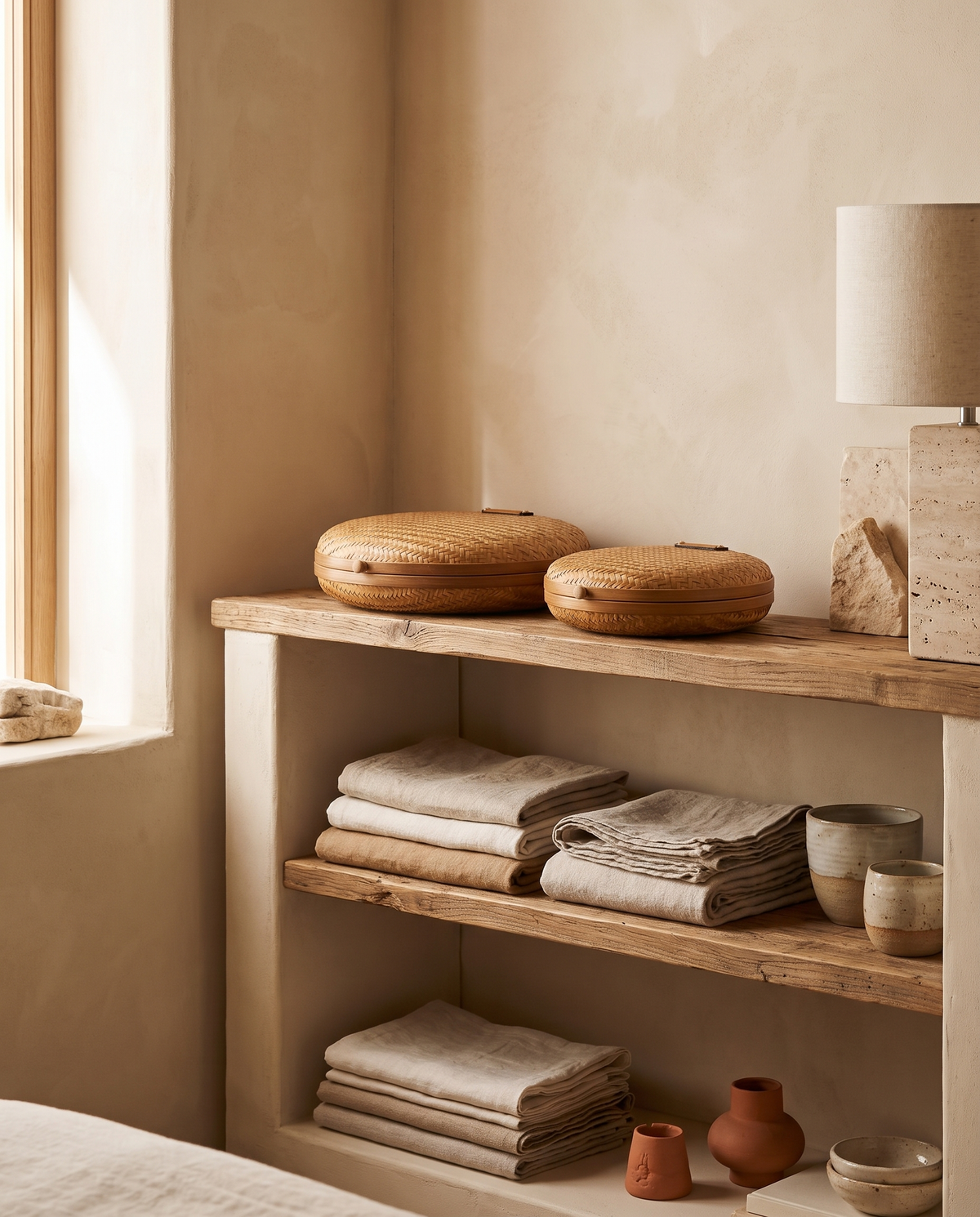Boîte à thé ronde en rotin avec couvercle en situation dans un intérieur