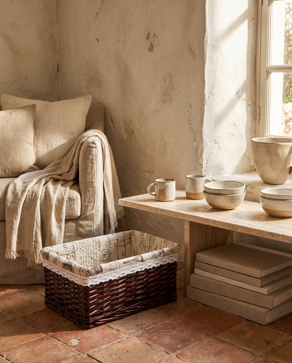 Panier rectangulaire en rotin en situation dans un intérieur