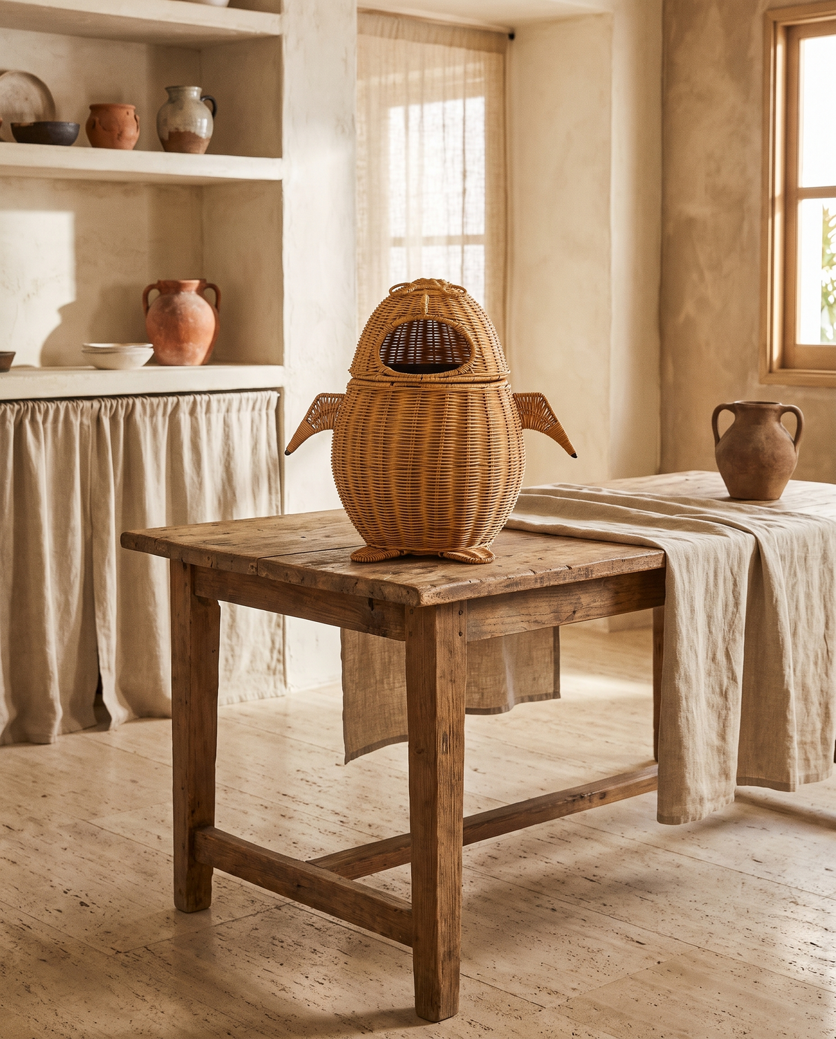Corbeille à papier pingouin en rotin et bambou en situation dans un intérieur