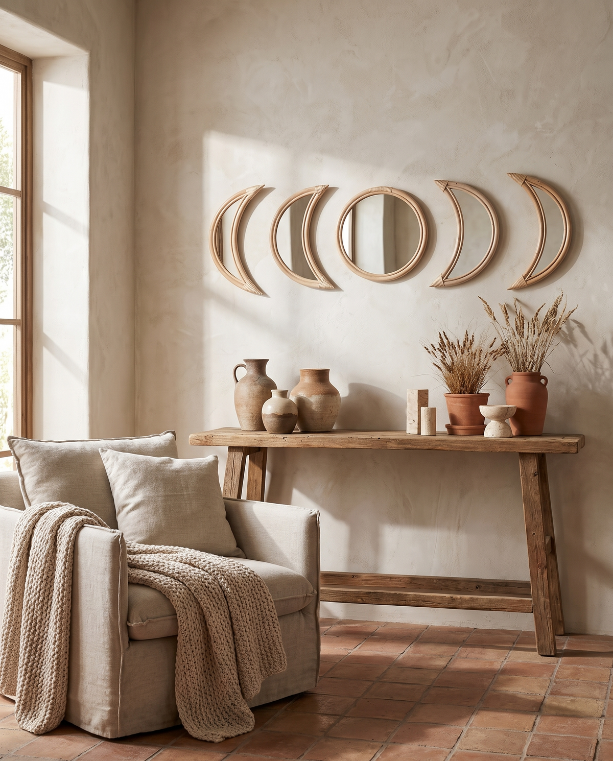 Lot de miroirs décoratifs en rotin en situation dans un intérieur