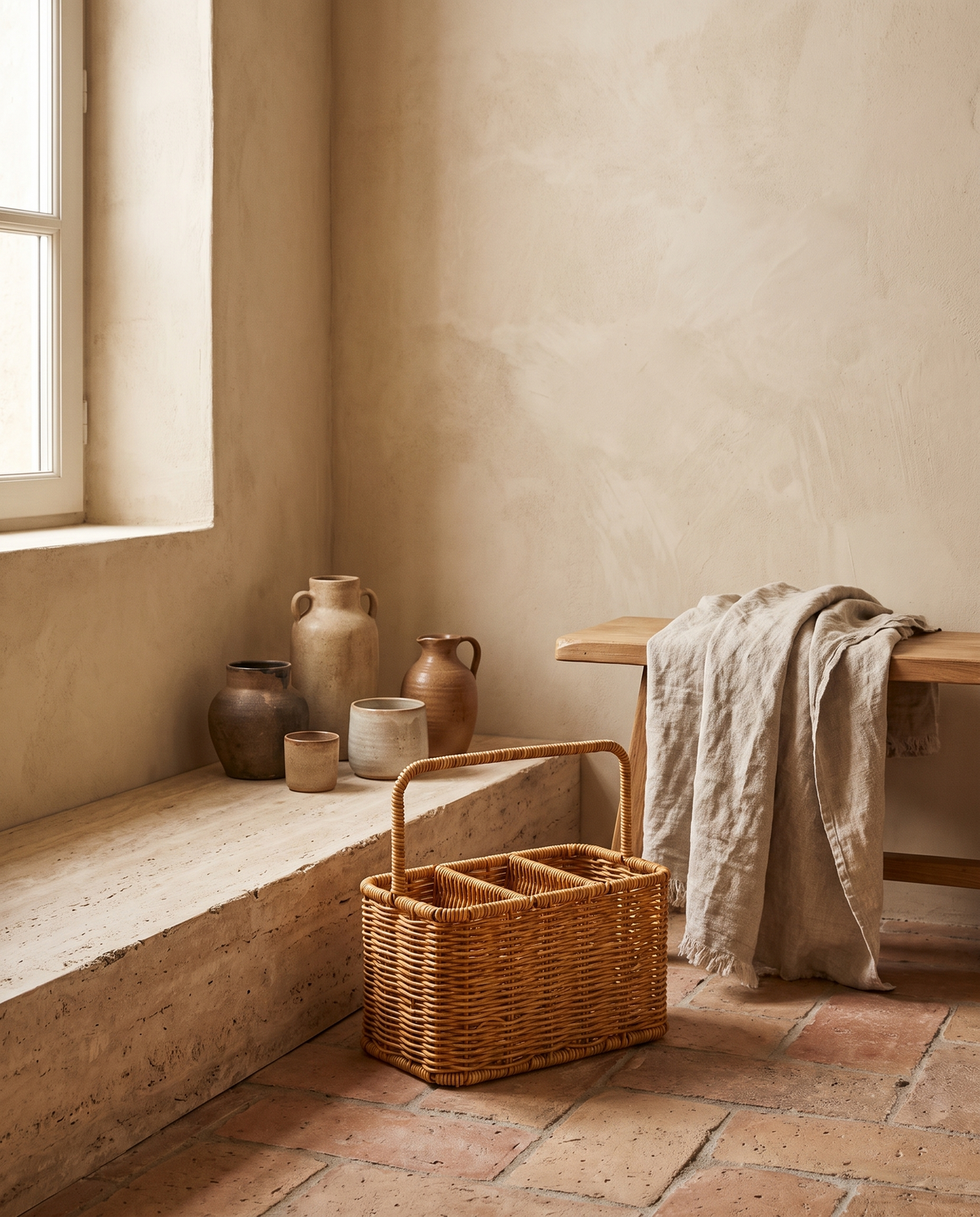 Panier portable en osier en situation dans un intérieur