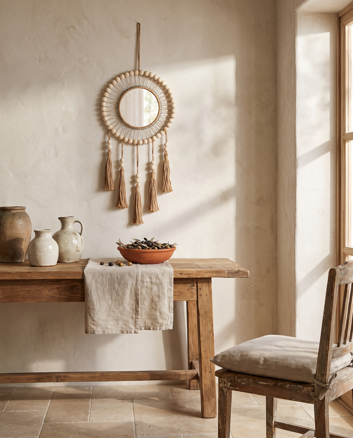 Miroir attrape-rêves en macramé et perles de bois en situation dans un intérieur