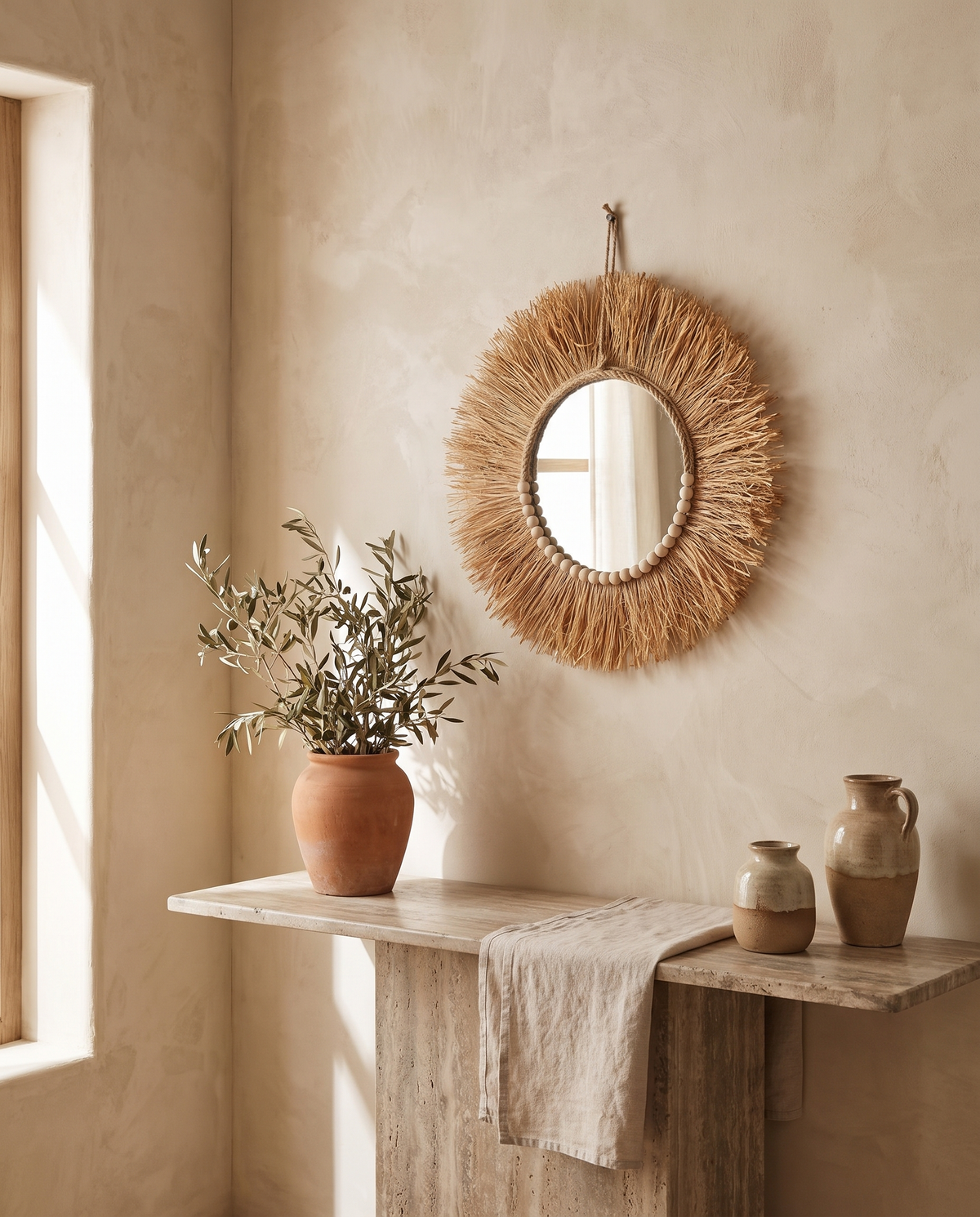 Miroir rond en paille en situation dans un intérieur