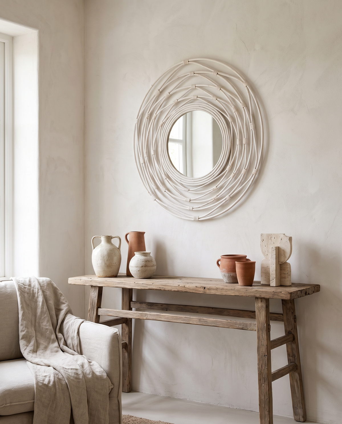 Miroir décoratif en rotin blanc en situation dans un intérieur