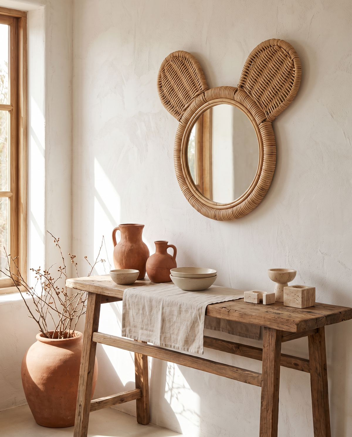 Miroir tête d'ourson en rotin en situation dans un intérieur
