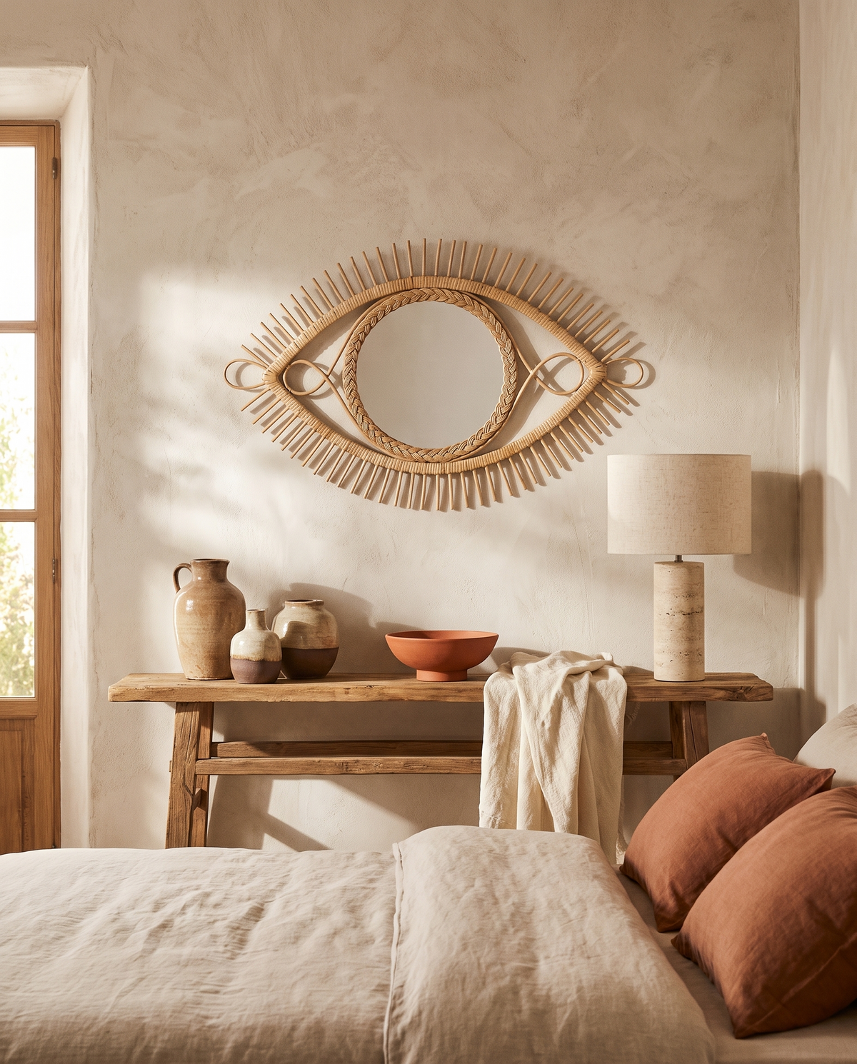 Miroir œil en rotin en situation dans un intérieur