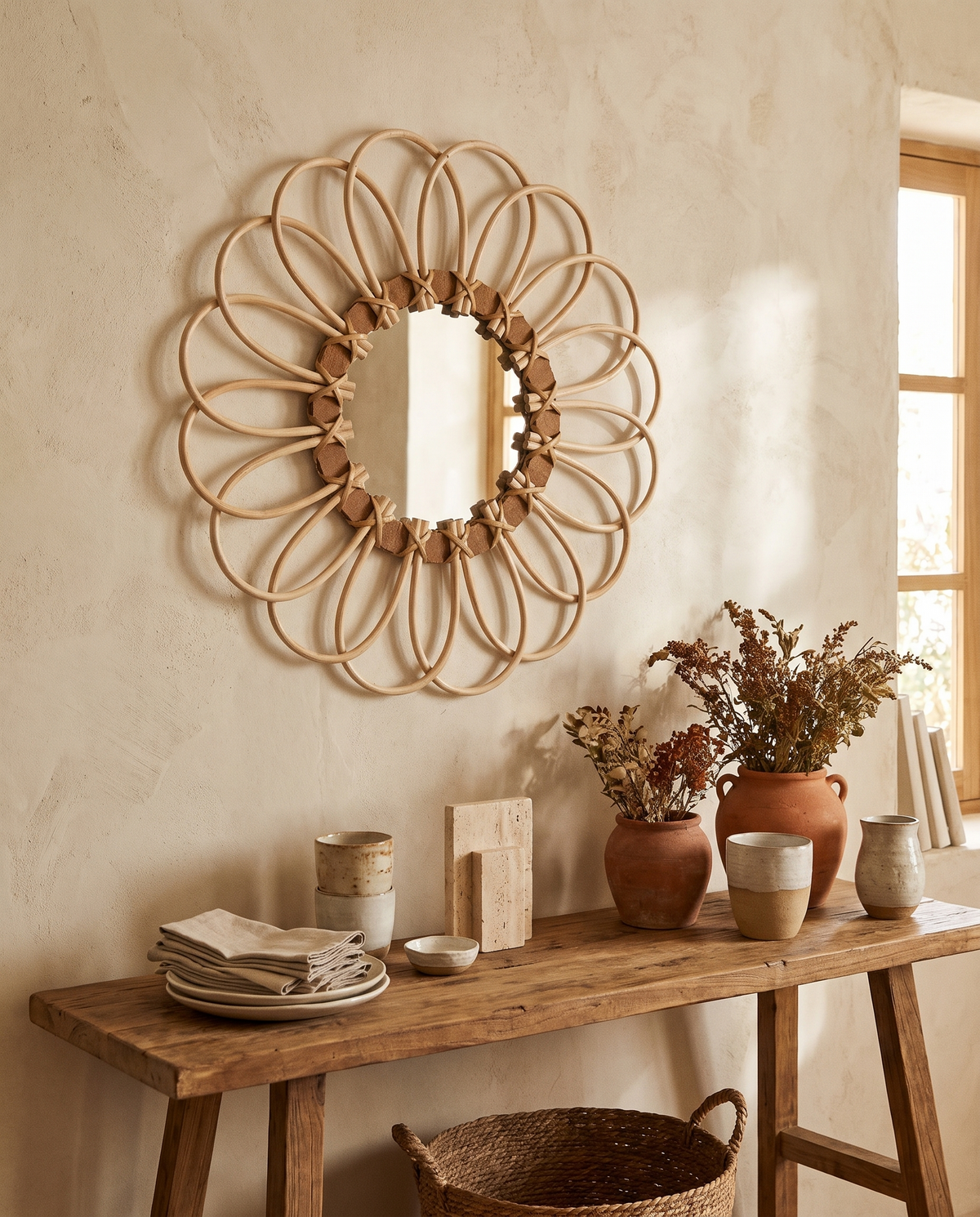 Petit miroir fleur en rotin en situation dans un intérieur