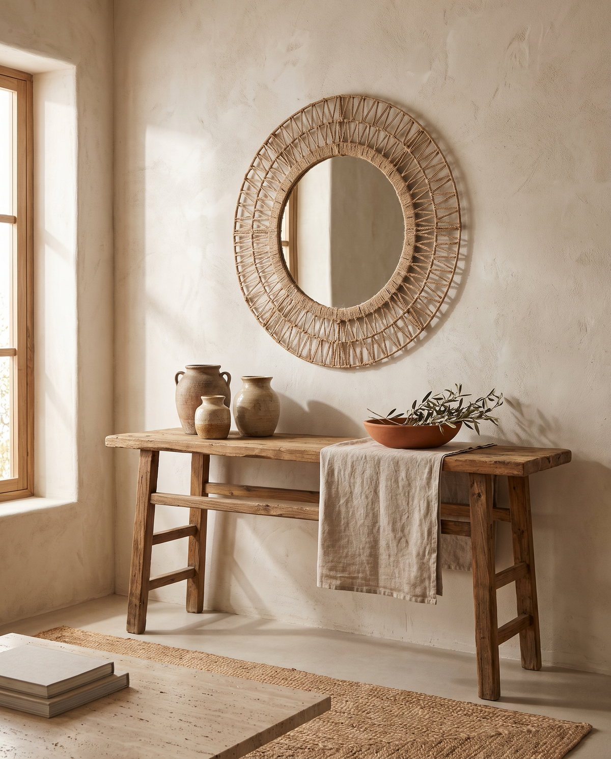 Grand miroir rond en rotin et jute en situation dans un intérieur