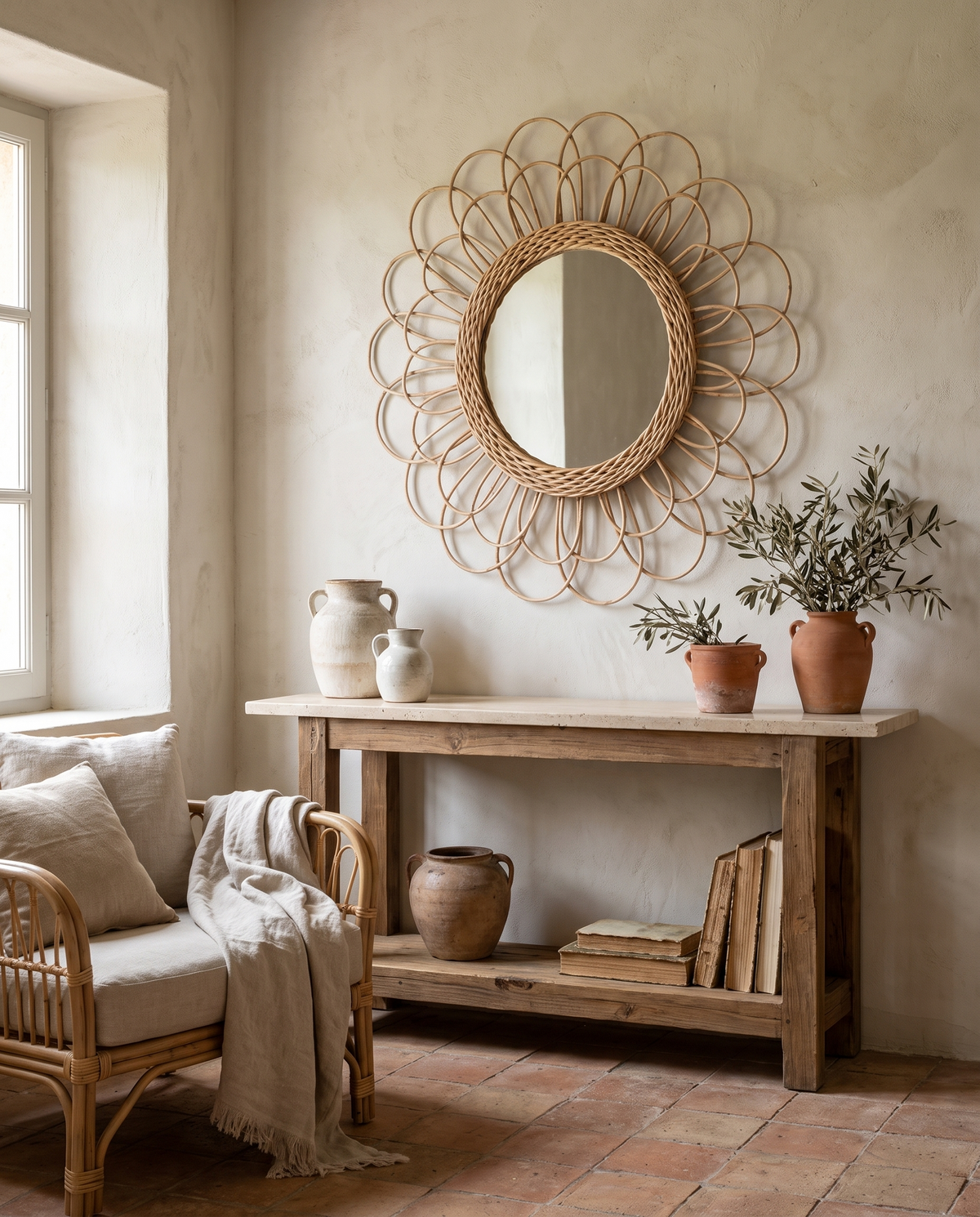 Miroir grande fleur en rotin en situation dans un intérieur