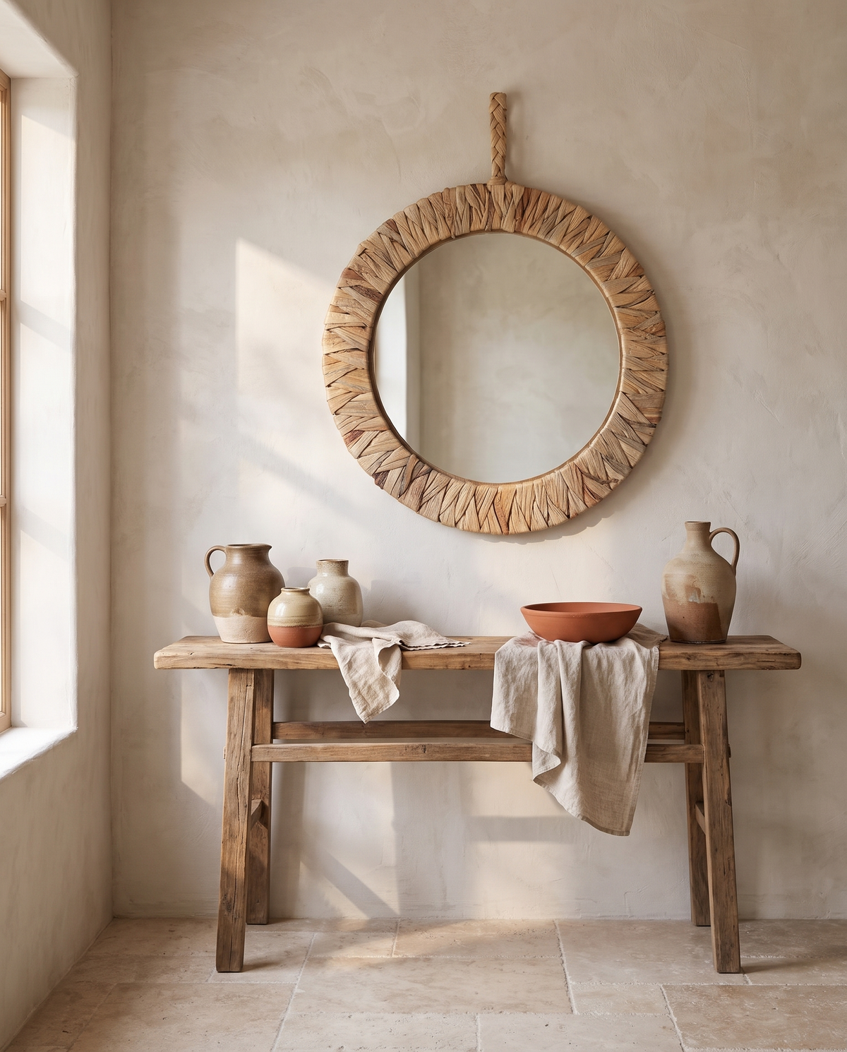 Miroir soleil en rotin naturel en situation dans un intérieur