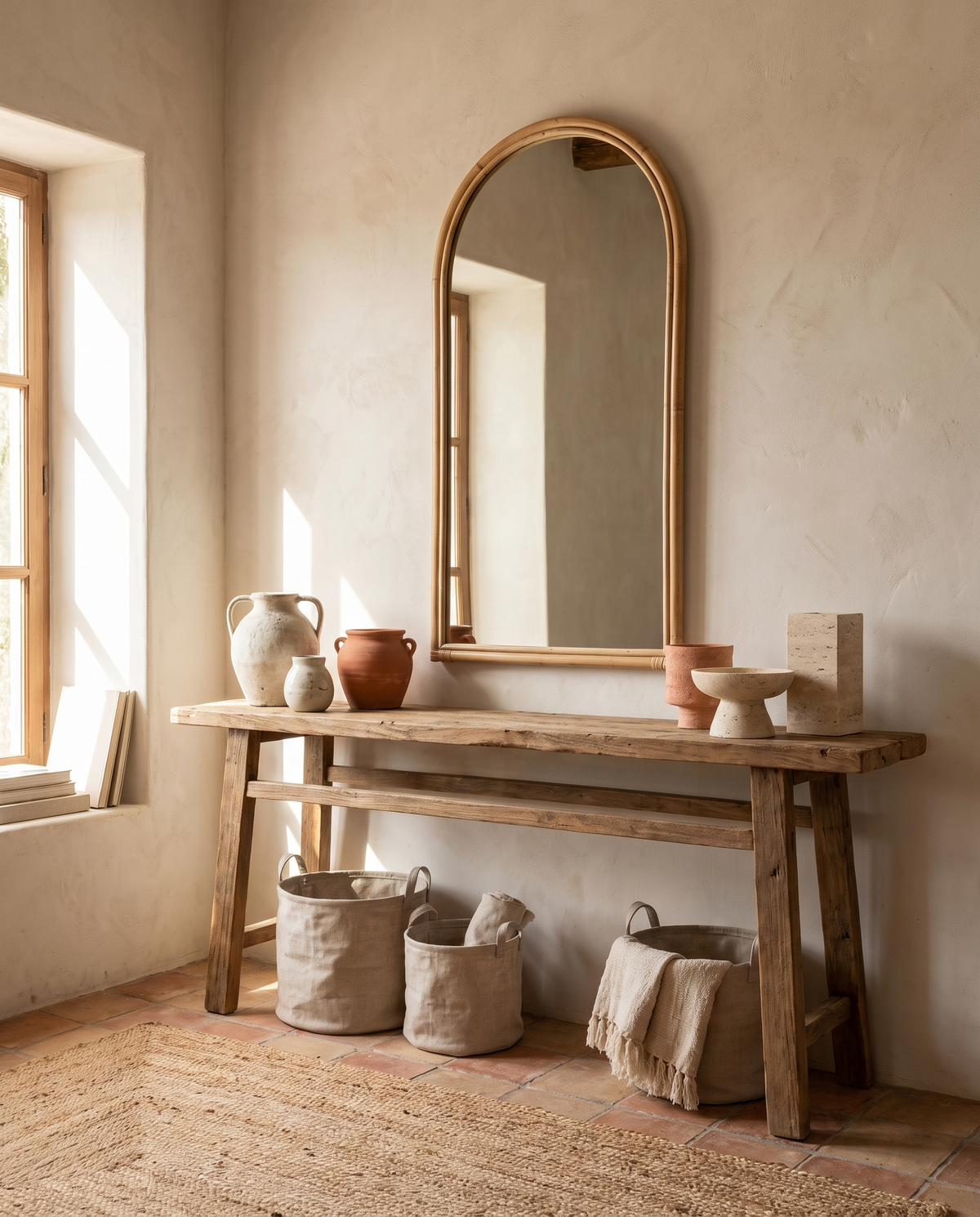 Grand miroir sur pied en rotin en situation dans un intérieur