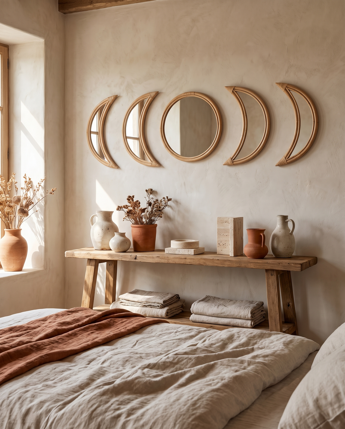 Lot de miroirs en rotin à composer en situation dans un intérieur