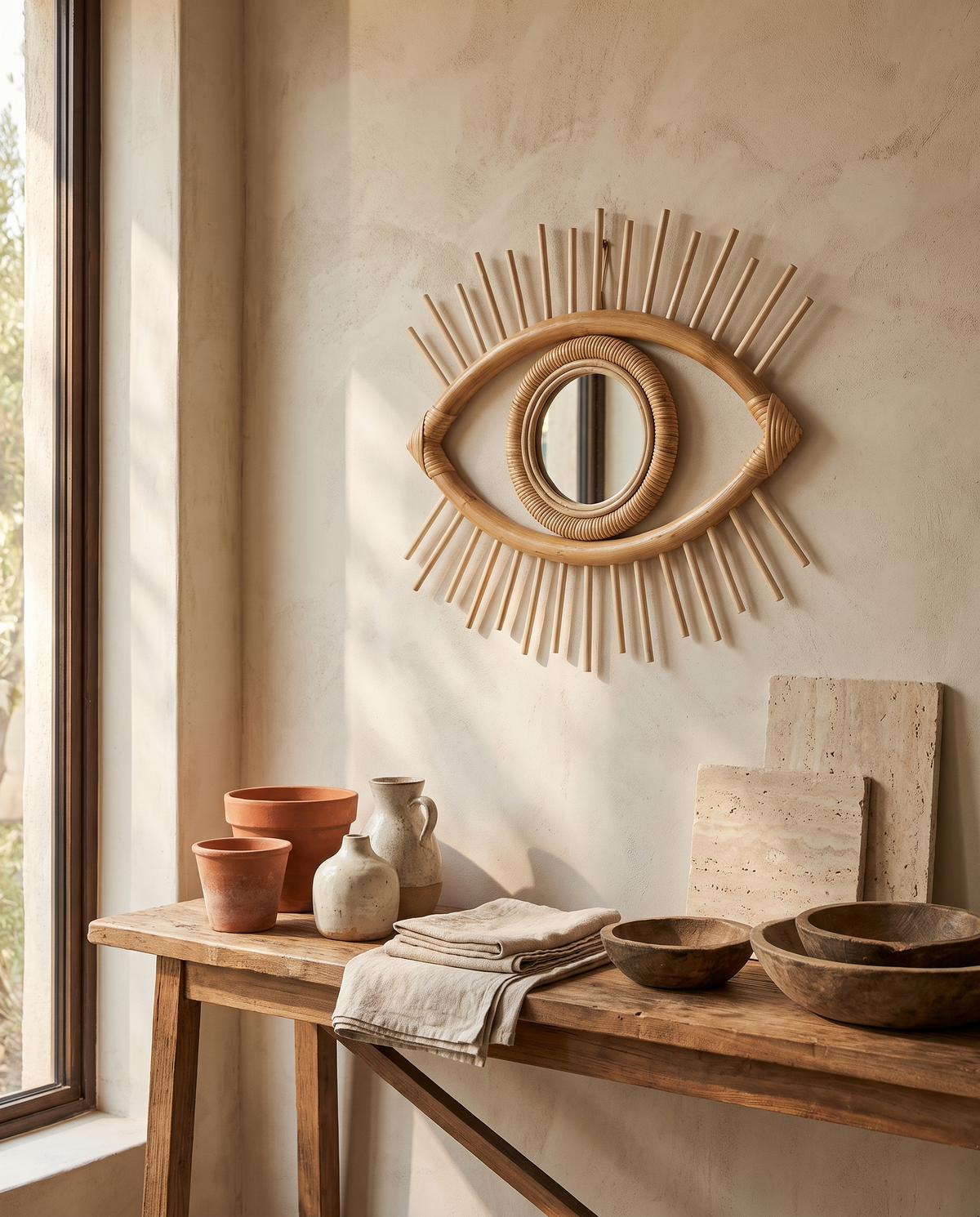 Miroir œil en rotin en situation dans un intérieur